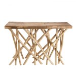 Console nature plateau en teck pieds bois flott