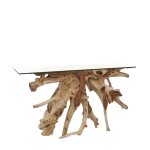 Console racine bois et verre beige l 135 cm