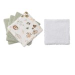 Cotons lavables en gaze de coton vert d'eau et imprim animaux multicolores (x5)