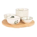 Coupelles apritives en cramique blanche motifs verts et noirs (x4) et plateau en bambou