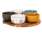 Coupelles apritives en cramique multicolore (x5) plateau en bois d'acacia