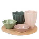 Coupelles ap�ritives corolles en c�ramique multicolore (x5) et plateau en bambou