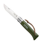 Couteau n8 - lame 8. 5 cm kaki avec lien en cuir vert en inox