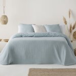 Couvre lit uni en jacquard de coton doux aqua marine 270x270cm Couvre lit uni en jacquard de coton doux aqua marine 270x270cm