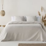 Couvre lit uni en jacquard de coton doux écru 235x270cm Couvre lit uni en jacquard de coton doux écru 235x270cm