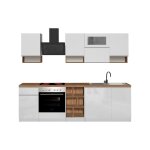 Cuisine compl�te effet bois blanc brillant, ch�ne clair 255x60h85 cm