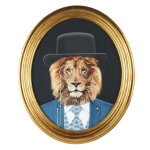 Dcoration murale cadre ovale avec lion, encadrement en mtal dor