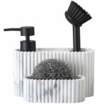 Distributeur liquide vaisselle + porte ponges rsine blanc effet marb