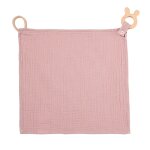Doudou mousseline avec anneau de dentition lapin rose 30x30 cm
