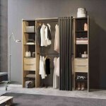 Dressing ouvert avec rideau, extensible en bois imitation chêne Dressing ouvert avec rideau, extensible en bois imitation chêne