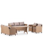 Ensemble de 2 canaps, 2 fauteuils + table haute en rotin synthtique