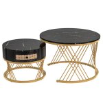 Ensemble de 2 tables basses gigognes rondes effet marbre noir et rotin Ensemble de 2 tables basses gigognes rondes effet marbre noir et rotin