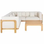 Ensemble canapé d'angle de jardin 6 places en bois d'eucalyptus et polyester écru avec table basse Ensemble canapé d'angle de jardin 6 places en bois d'eucalyptus et polyester écru avec table basse