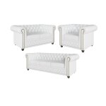 Ensemble de canaps chesterfield 3 + 2 + 1 fonction lit, cuir vgan blanc
