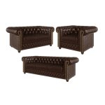 Ensemble de canap�s chesterfield 3 + 2 + 1 fonction lit, cuir v�gan marron
