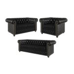 Ensemble de canaps chesterfield 3 + 2 + 1 fonction lit, cuir vgan noir