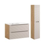 Ensemble meuble vasque encastre gauche 90cm colonne stratifis beige