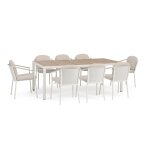Ensemble table et 8 chaises en aluminium avec lattes effet bois blanc