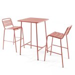 Ensemble table de bar et 2 chaises hautes en m�tal argile