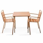 Ensemble table de jardin carr�e et 2 fauteuils acier caramel