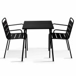 Ensemble table de jardin carr�e et 2 fauteuils acier noir