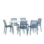 Ensemble table rectangulaire blanche et 6 chaises en résine bleu Ensemble table rectangulaire blanche et 6 chaises en résine bleu