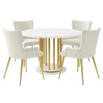 Ensemble table ronde marbre blanc doré avec 4 chaises beige Ensemble table ronde marbre blanc doré avec 4 chaises beige
