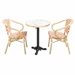 Ensemble table de terrasse marbre blanc et 2 chaises rouge