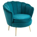 Fauteuil design coquillage pieds dor�s effil�s velours bleu canard