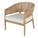 Fauteuil de jardin professionnel en rsine tresse imitation rotin et coussin cru en toile recycle