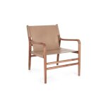 Fauteuil lounge  accoudoirs en bois teck et cuir pleine fleur taupe