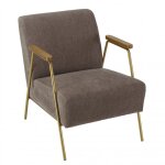 Fauteuil lounge tissu taupe métal doré accoudoirs bois Fauteuil lounge tissu taupe métal doré accoudoirs bois