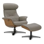 Fauteuil relax manuel et son pouf en cuir taupe et chêne naturel Fauteuil relax manuel et son pouf en cuir taupe et chêne naturel