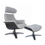 Fauteuil relax et son pouf en cuir gris et chêne noir Fauteuil relax et son pouf en cuir gris et chêne noir