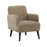 Fauteuil rétro en tissu chenille pieds bois foncé - taupe Fauteuil rétro en tissu chenille pieds bois foncé - taupe
