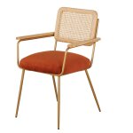 Fauteuil de table cannage en rotin et velours orange écureuil Fauteuil de table cannage en rotin et velours orange écureuil
