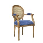 Fauteuil de table en hévéa, cannage et velours bleu orage Fauteuil de table en hévéa, cannage et velours bleu orage