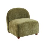 Fauteuil tissu chenille vert pieds boules teints noyer