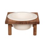 Gamelle pour animaux en grs blanc cass et support en bois d'acacia
