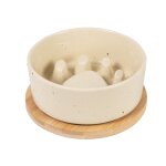 Gamelle anti - glouton pour chien en grs blanc cass et support en bambou d14