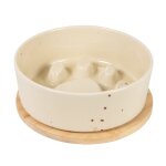 Gamelle anti - glouton pour chien en grs blanc cass et support en bambou d22