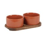 Gamelles pour chien et chat en grs marron d12 (x2) et support en bois d'acacia