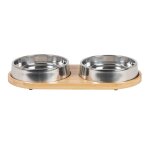 Gamelles pour chien et chat en inox (x2) et support en bambou
