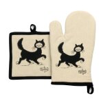 Gant de cuisine + manique chat balade en coton beige 18 x 28 Gant de cuisine + manique chat balade en coton beige 18 x 28