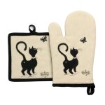 Gant de cuisine + manique chat papillon en coton beige 18 x 28 cm