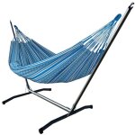 Hamac xl en coton bleu et blanc et support en mtal
