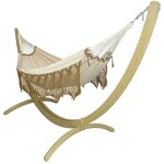 Hamac xxl en coton blanc et doré et support en bois Hamac xxl en coton blanc et doré et support en bois
