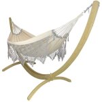 Hamac xxl en coton blanc et gris et pied en bois