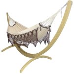 Hamac xxl en coton blanc et marron et pied de hamac en bois