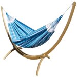 Hamac xxl en coton multicolore et support en bois d'épicéa Hamac xxl en coton multicolore et support en bois d'épicéa